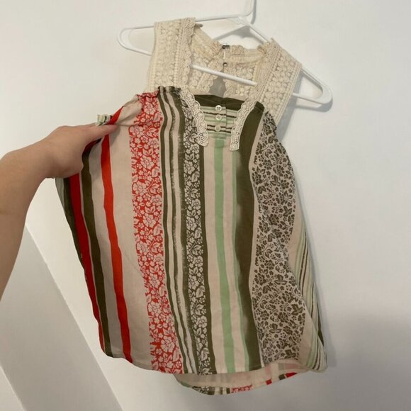 CABI 266 Whisper Gauze Tank Cream Beige Green Floral Striped Crochet Boho Blouse - Picture 9 of 16